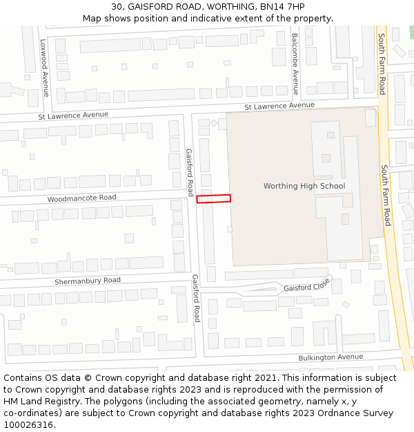 30, GAISFORD ROAD, WORTHING, BN14 7HP: Location map and indicative extent of plot