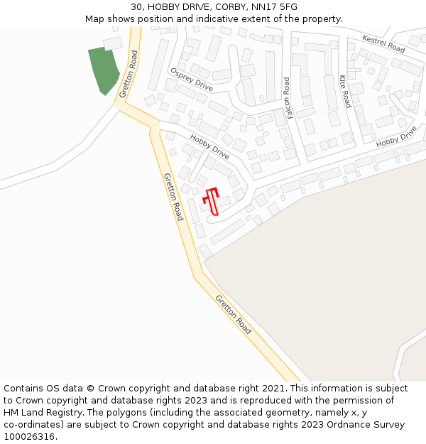 30, HOBBY DRIVE, CORBY, NN17 5FG: Location map and indicative extent of plot