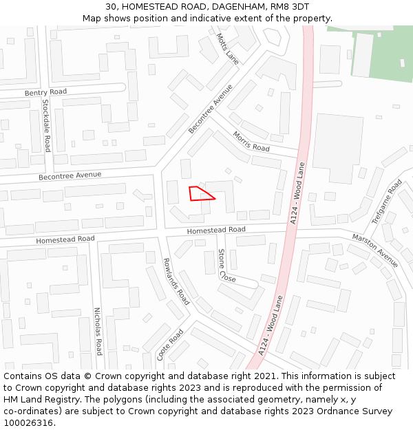 30, HOMESTEAD ROAD, DAGENHAM, RM8 3DT: Location map and indicative extent of plot
