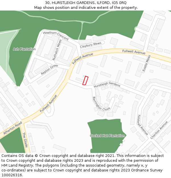 30, HURSTLEIGH GARDENS, ILFORD, IG5 0RQ: Location map and indicative extent of plot