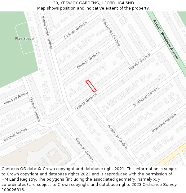30, KESWICK GARDENS, ILFORD, IG4 5NB: Location map and indicative extent of plot