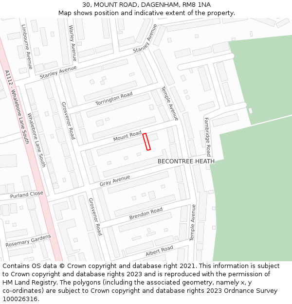 30, MOUNT ROAD, DAGENHAM, RM8 1NA: Location map and indicative extent of plot