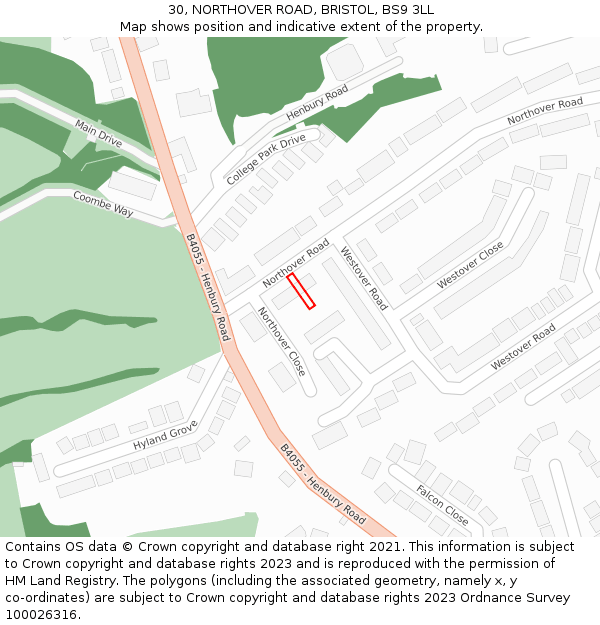 30, NORTHOVER ROAD, BRISTOL, BS9 3LL: Location map and indicative extent of plot