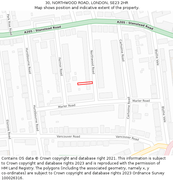30, NORTHWOOD ROAD, LONDON, SE23 2HR: Location map and indicative extent of plot