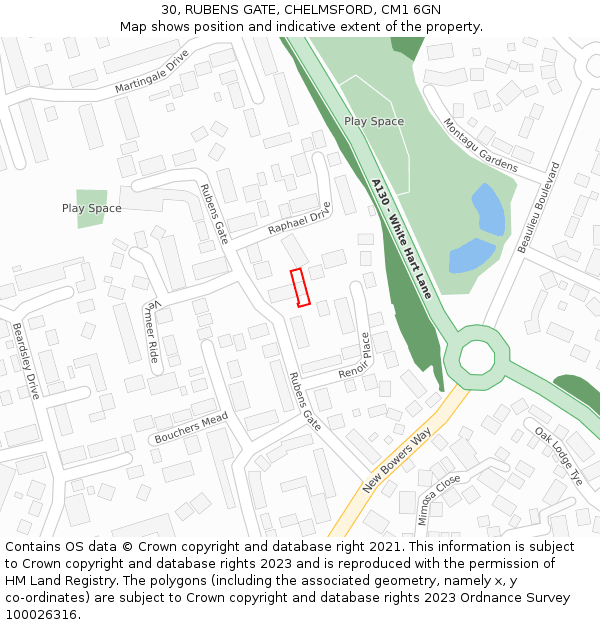 30, RUBENS GATE, CHELMSFORD, CM1 6GN: Location map and indicative extent of plot