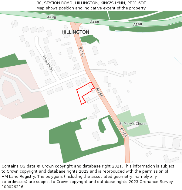 30, STATION ROAD, HILLINGTON, KING'S LYNN, PE31 6DE: Location map and indicative extent of plot