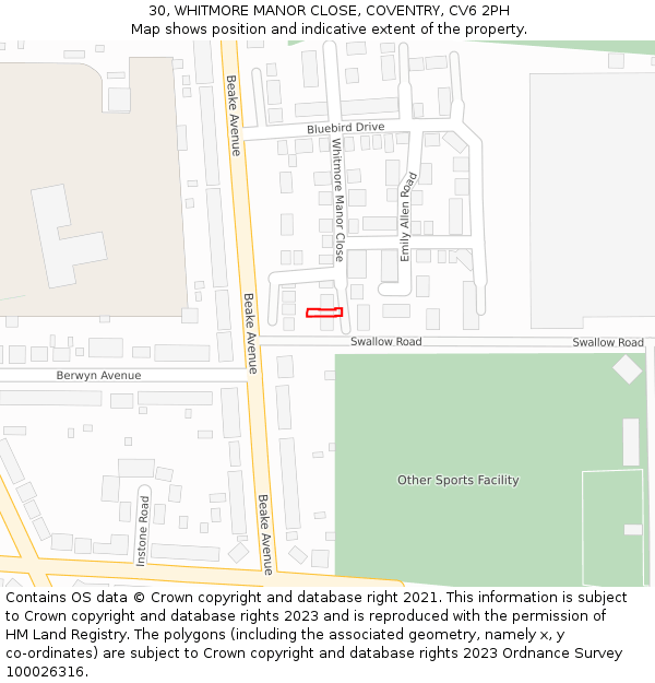 30, WHITMORE MANOR CLOSE, COVENTRY, CV6 2PH: Location map and indicative extent of plot
