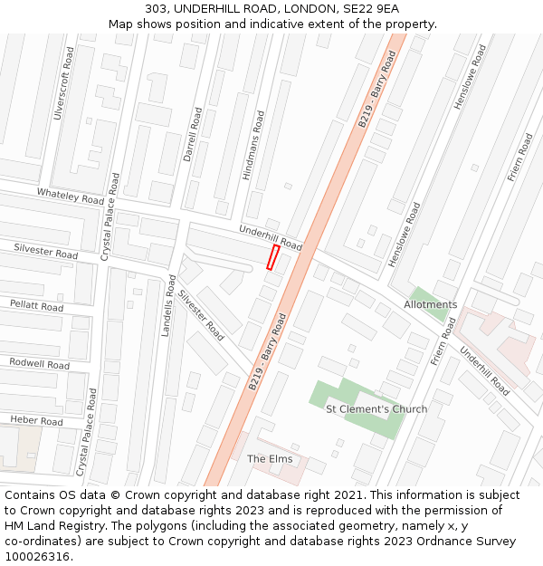 303, UNDERHILL ROAD, LONDON, SE22 9EA: Location map and indicative extent of plot