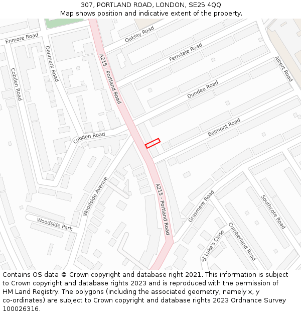 307, PORTLAND ROAD, LONDON, SE25 4QQ: Location map and indicative extent of plot