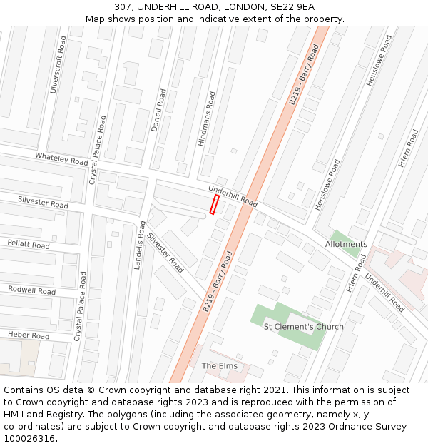 307, UNDERHILL ROAD, LONDON, SE22 9EA: Location map and indicative extent of plot