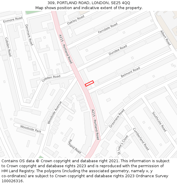 309, PORTLAND ROAD, LONDON, SE25 4QQ: Location map and indicative extent of plot