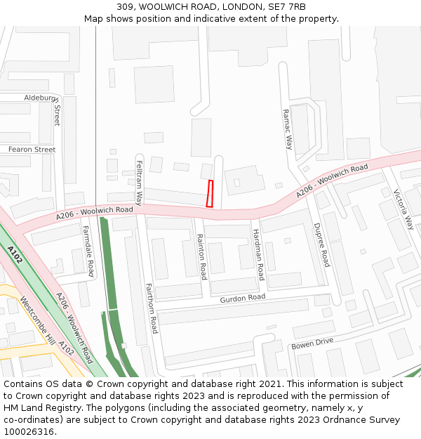 309, WOOLWICH ROAD, LONDON, SE7 7RB: Location map and indicative extent of plot