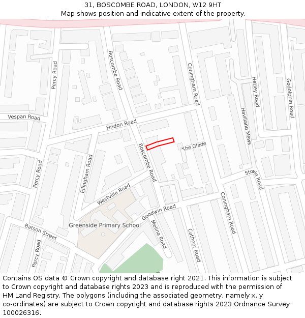 31, BOSCOMBE ROAD, LONDON, W12 9HT: Location map and indicative extent of plot