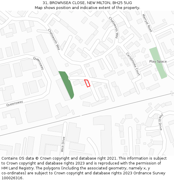 31, BROWNSEA CLOSE, NEW MILTON, BH25 5UG: Location map and indicative extent of plot