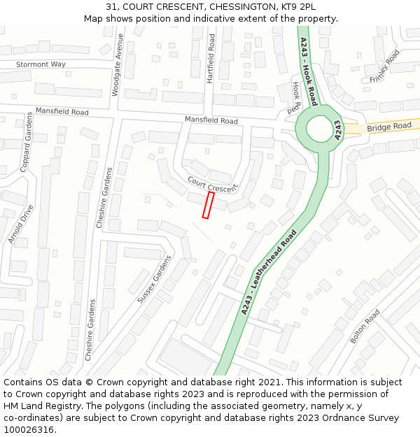 31, COURT CRESCENT, CHESSINGTON, KT9 2PL: Location map and indicative extent of plot