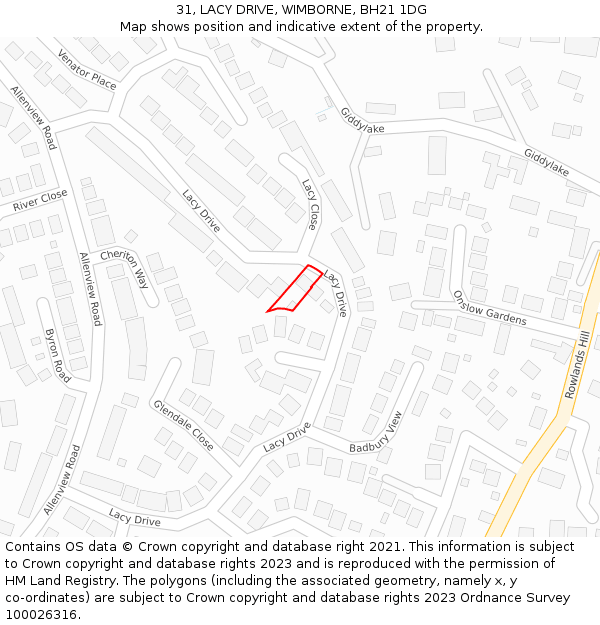 31, LACY DRIVE, WIMBORNE, BH21 1DG: Location map and indicative extent of plot