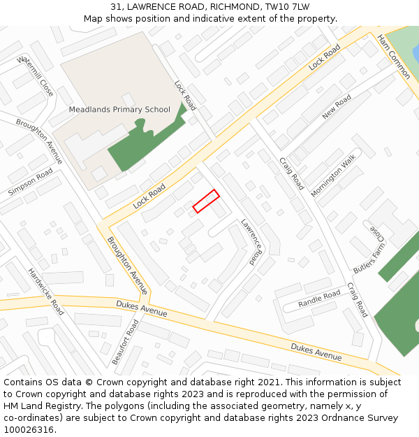 31, LAWRENCE ROAD, RICHMOND, TW10 7LW: Location map and indicative extent of plot