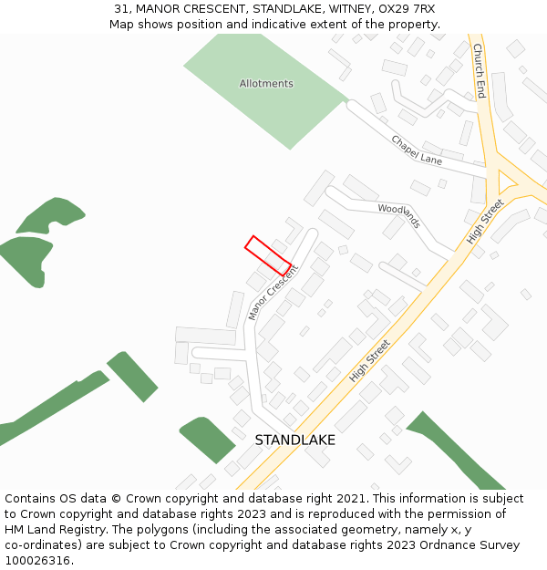 31, MANOR CRESCENT, STANDLAKE, WITNEY, OX29 7RX: Location map and indicative extent of plot