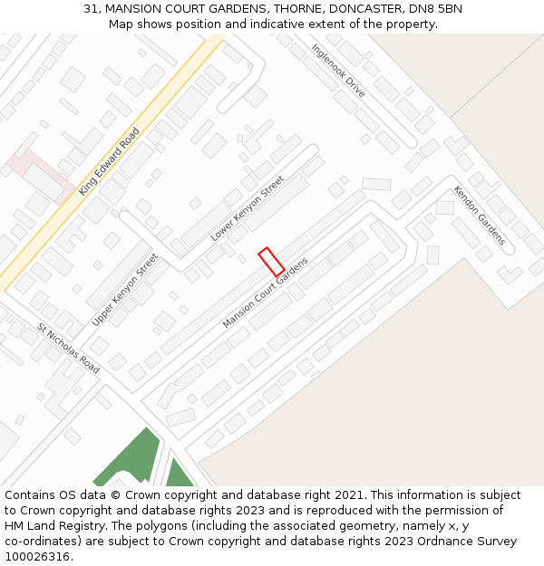 31, MANSION COURT GARDENS, THORNE, DONCASTER, DN8 5BN: Location map and indicative extent of plot
