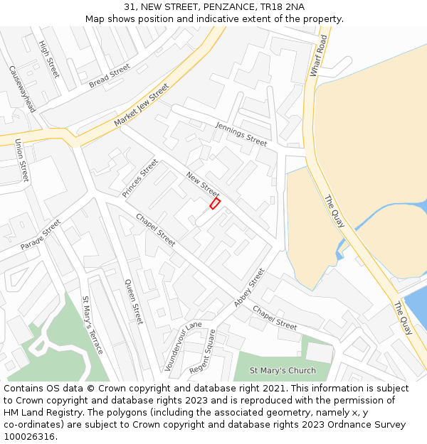 31, NEW STREET, PENZANCE, TR18 2NA: Location map and indicative extent of plot