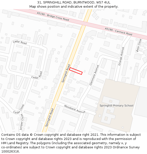 31, SPRINGHILL ROAD, BURNTWOOD, WS7 4UL: Location map and indicative extent of plot