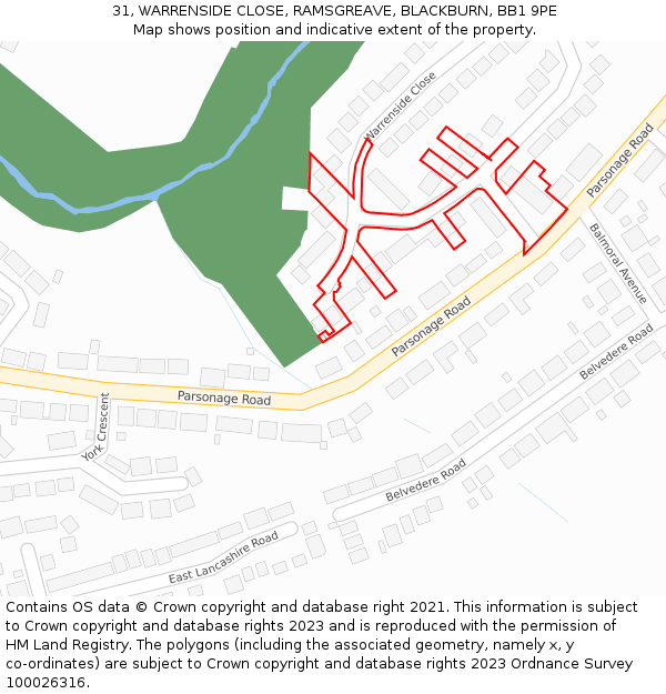 31, WARRENSIDE CLOSE, RAMSGREAVE, BLACKBURN, BB1 9PE: Location map and indicative extent of plot
