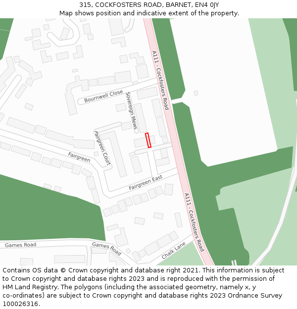 315, COCKFOSTERS ROAD, BARNET, EN4 0JY: Location map and indicative extent of plot