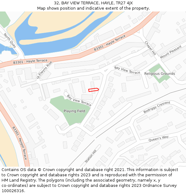 32, BAY VIEW TERRACE, HAYLE, TR27 4JX: Location map and indicative extent of plot