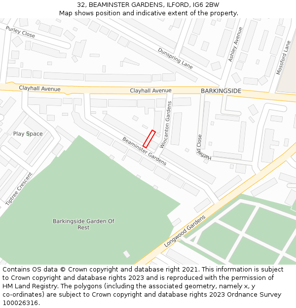 32, BEAMINSTER GARDENS, ILFORD, IG6 2BW: Location map and indicative extent of plot