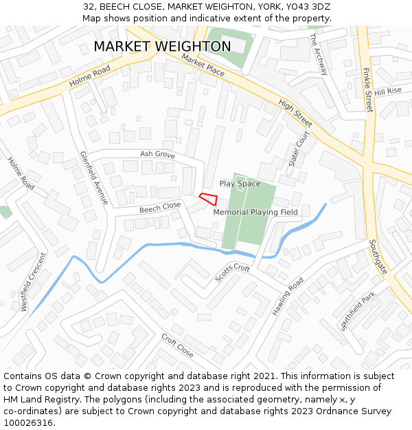 32, BEECH CLOSE, MARKET WEIGHTON, YORK, YO43 3DZ: Location map and indicative extent of plot
