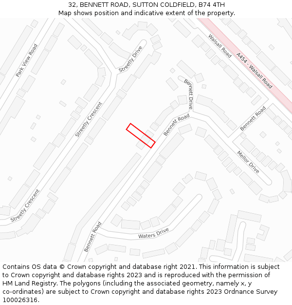 32, BENNETT ROAD, SUTTON COLDFIELD, B74 4TH: Location map and indicative extent of plot