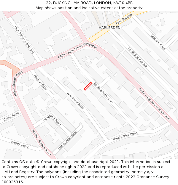 32, BUCKINGHAM ROAD, LONDON, NW10 4RR: Location map and indicative extent of plot