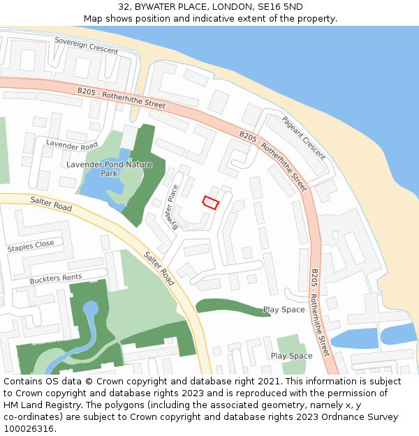 32, BYWATER PLACE, LONDON, SE16 5ND: Location map and indicative extent of plot