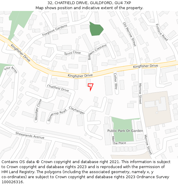 32, CHATFIELD DRIVE, GUILDFORD, GU4 7XP: Location map and indicative extent of plot
