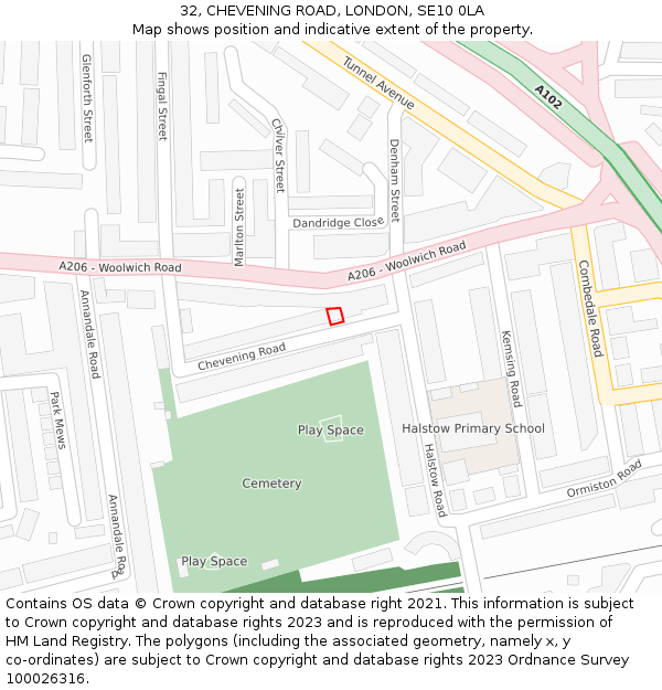 32, CHEVENING ROAD, LONDON, SE10 0LA: Location map and indicative extent of plot