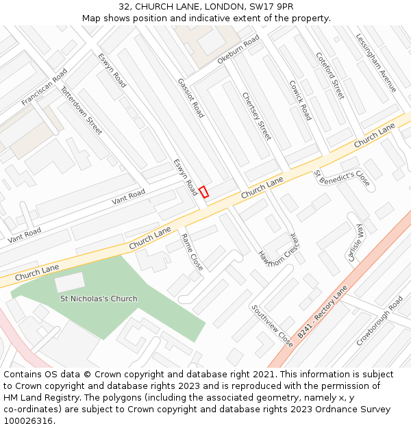 32, CHURCH LANE, LONDON, SW17 9PR: Location map and indicative extent of plot