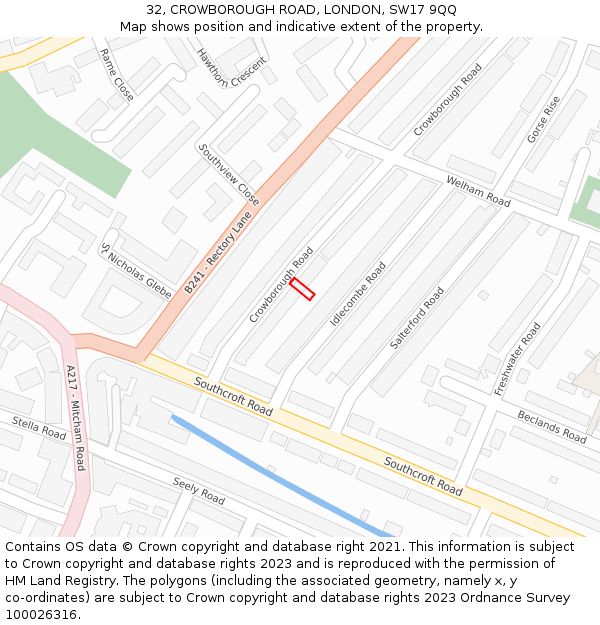32, CROWBOROUGH ROAD, LONDON, SW17 9QQ: Location map and indicative extent of plot