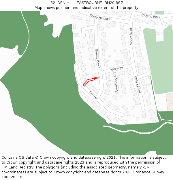 32, DEN HILL, EASTBOURNE, BN20 8SZ: Location map and indicative extent of plot