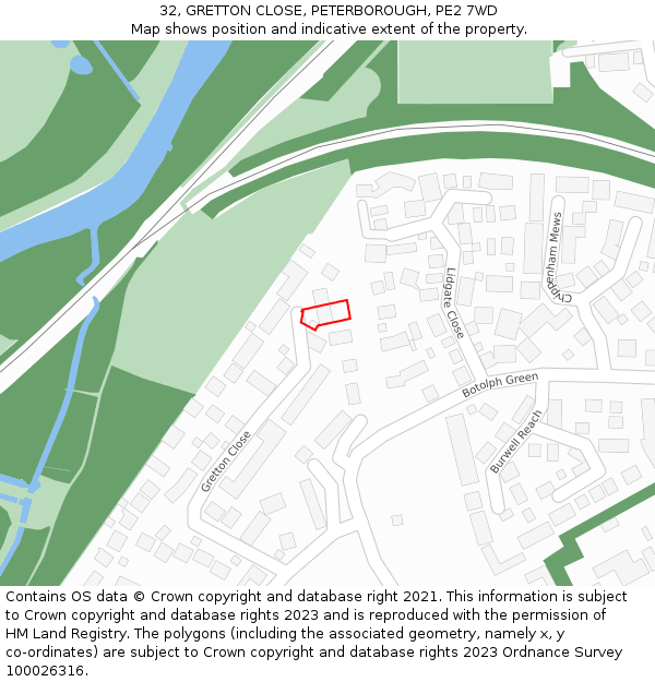32, GRETTON CLOSE, PETERBOROUGH, PE2 7WD: Location map and indicative extent of plot