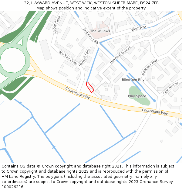 32, HAYWARD AVENUE, WEST WICK, WESTON-SUPER-MARE, BS24 7FR: Location map and indicative extent of plot