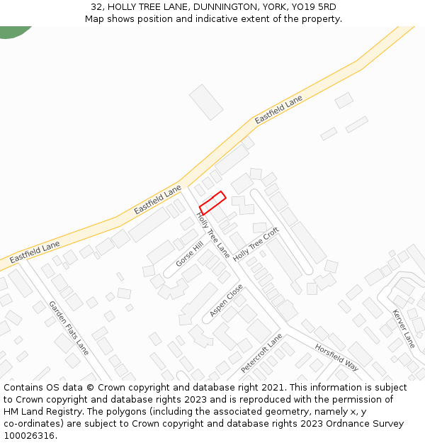 32, HOLLY TREE LANE, DUNNINGTON, YORK, YO19 5RD: Location map and indicative extent of plot