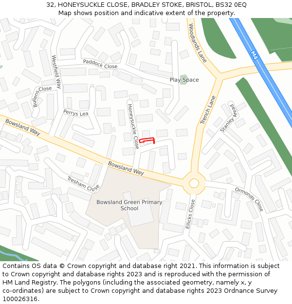 32, HONEYSUCKLE CLOSE, BRADLEY STOKE, BRISTOL, BS32 0EQ: Location map and indicative extent of plot