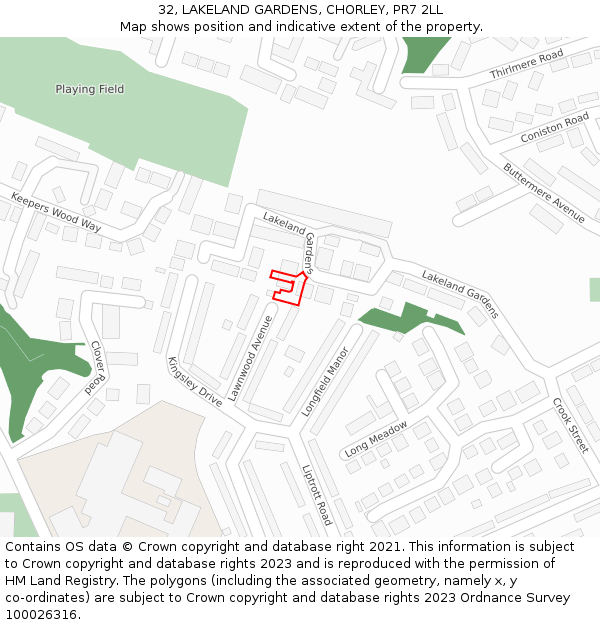 32, LAKELAND GARDENS, CHORLEY, PR7 2LL: Location map and indicative extent of plot