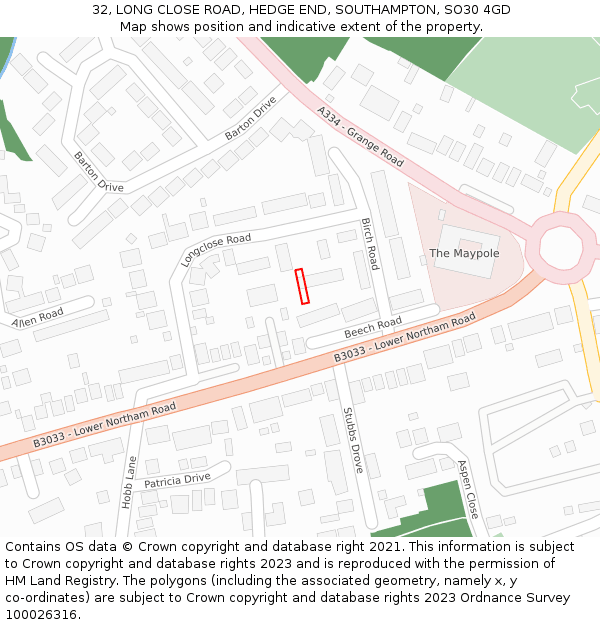 32, LONG CLOSE ROAD, HEDGE END, SOUTHAMPTON, SO30 4GD: Location map and indicative extent of plot