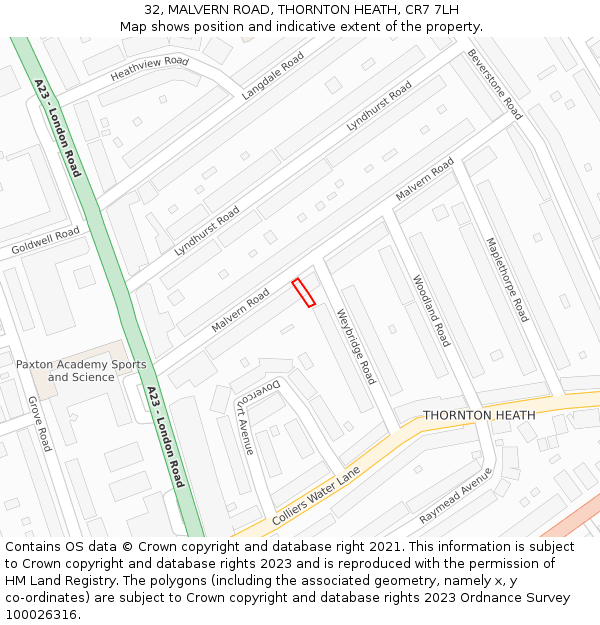 32, MALVERN ROAD, THORNTON HEATH, CR7 7LH: Location map and indicative extent of plot