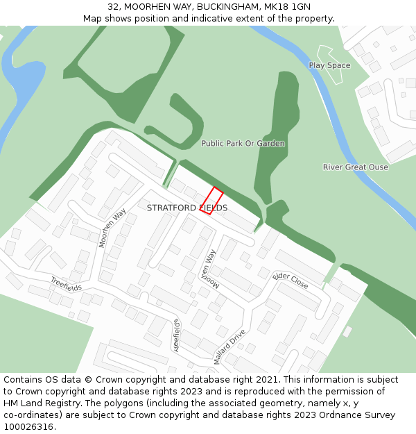 32, MOORHEN WAY, BUCKINGHAM, MK18 1GN: Location map and indicative extent of plot