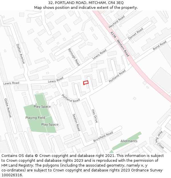 32, PORTLAND ROAD, MITCHAM, CR4 3EQ: Location map and indicative extent of plot