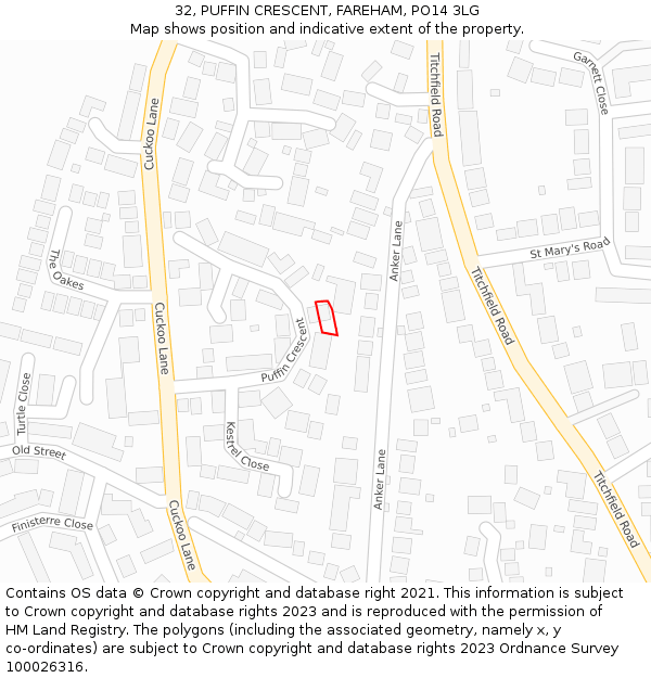 32, PUFFIN CRESCENT, FAREHAM, PO14 3LG: Location map and indicative extent of plot