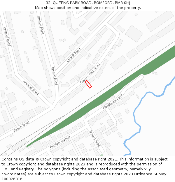 32, QUEENS PARK ROAD, ROMFORD, RM3 0HJ: Location map and indicative extent of plot