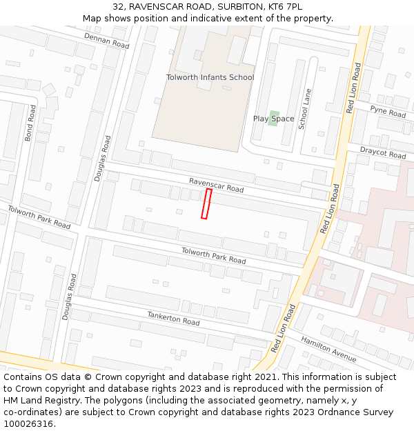 32, RAVENSCAR ROAD, SURBITON, KT6 7PL: Location map and indicative extent of plot